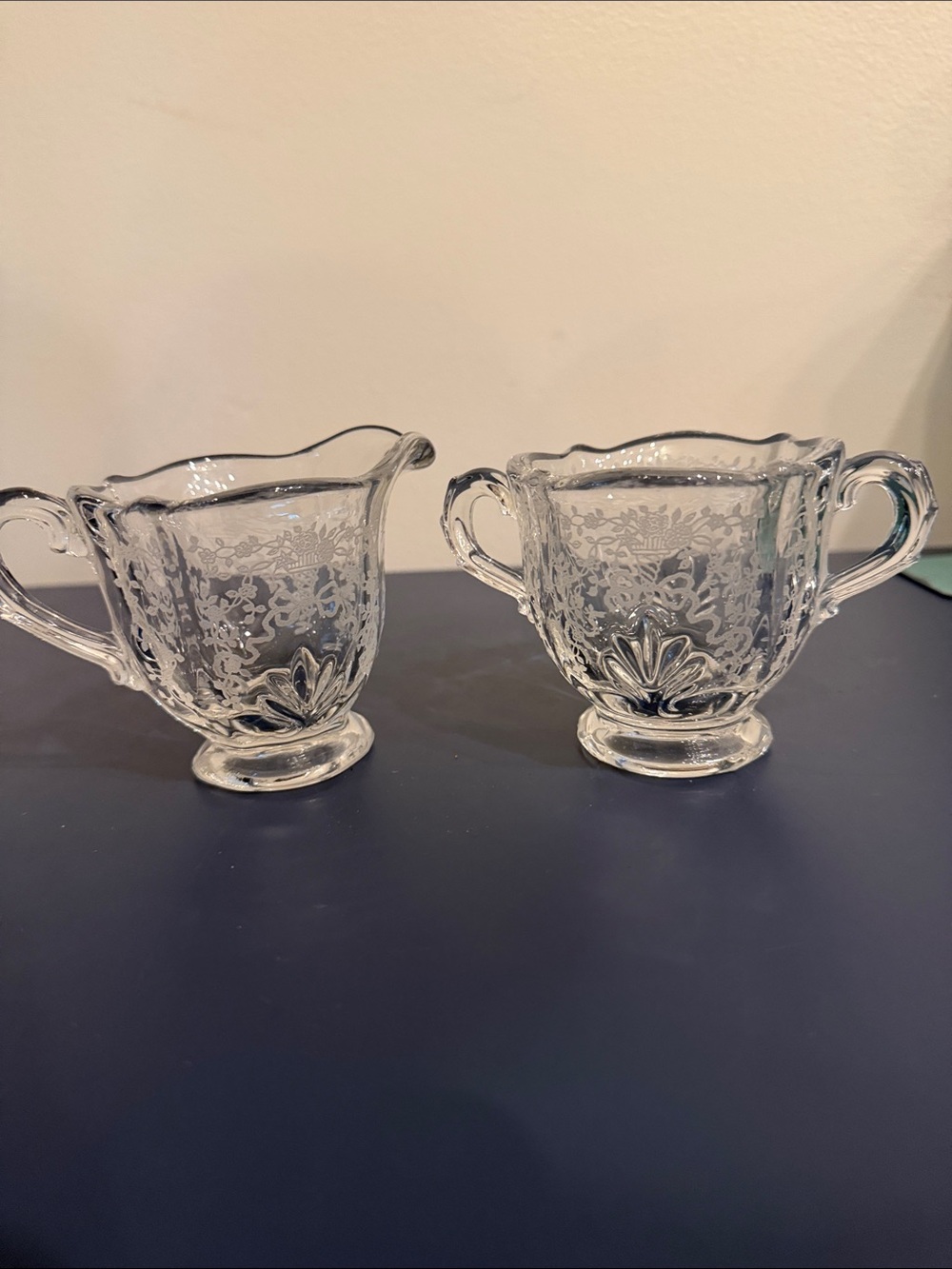 Vintage Fostoria Sugar and Creamer Set Etched Glass Floral Chintz Pattern